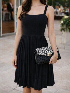 Theory Square Neck Tank Style Micro Pleated Dress Knee Length Stretch Size Small